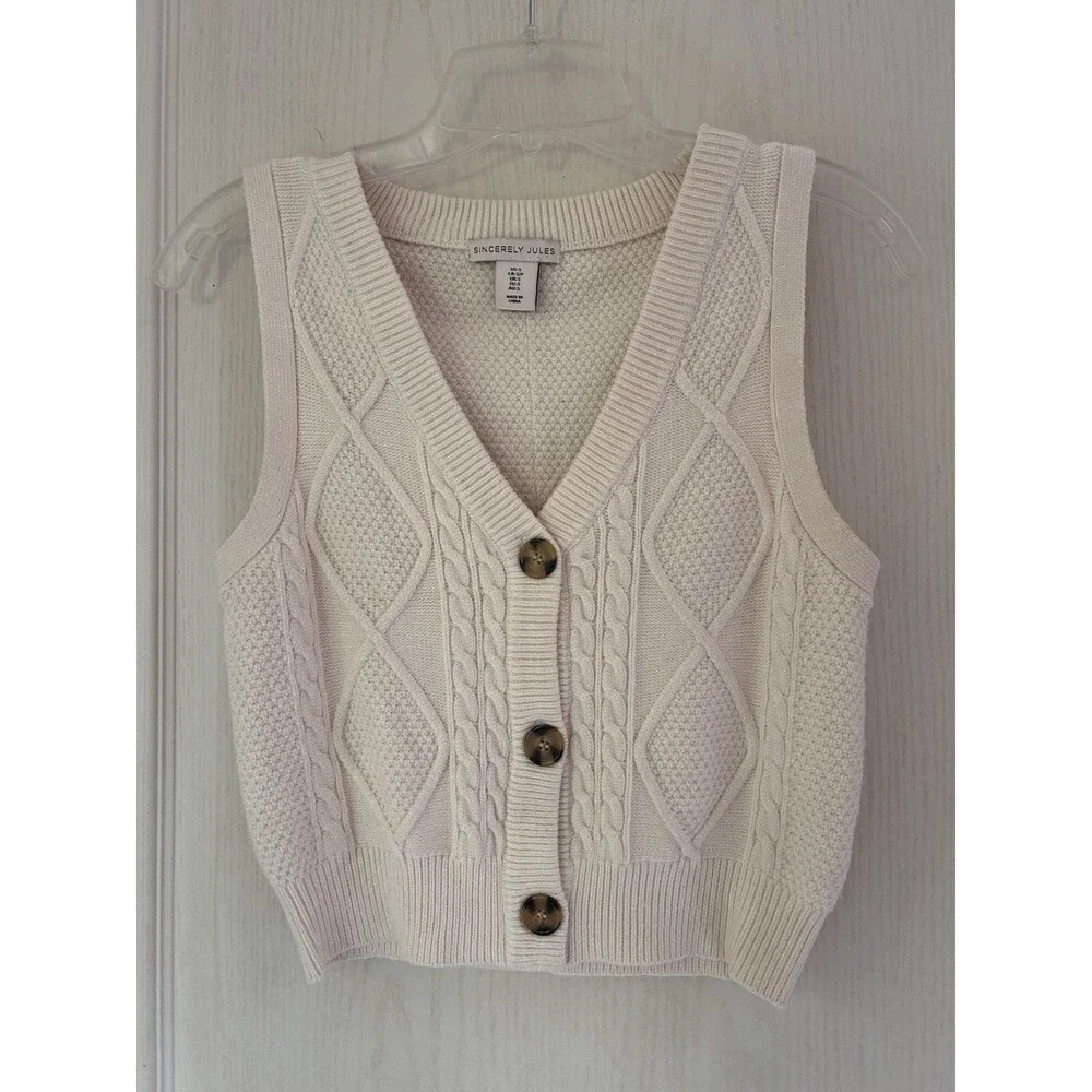 Sincerely Jules Sweater Vest Cream Knit Button Front V-Neck Cable Sz S Boho